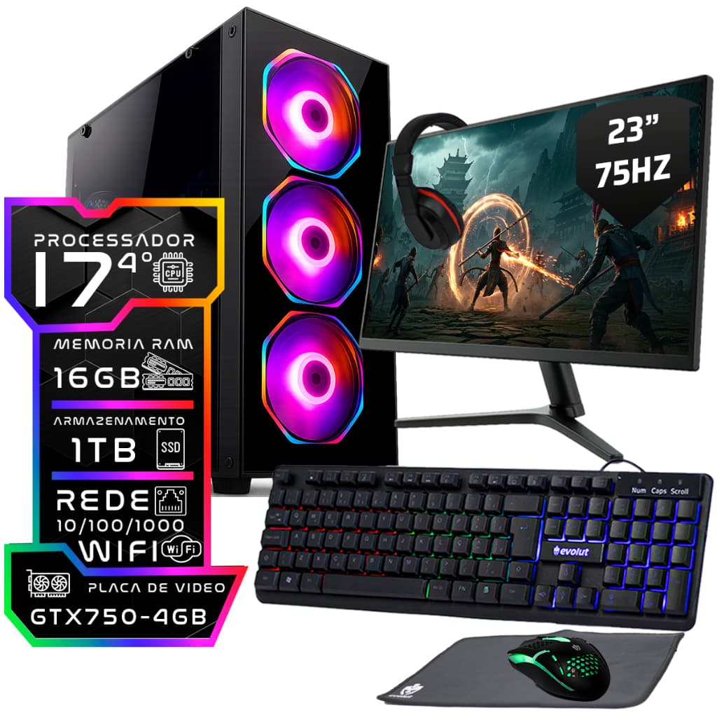 Computador Gamer Intel I7 4°ger 16gb Ssd 1tb Monitor 23 500w Placa 4gb