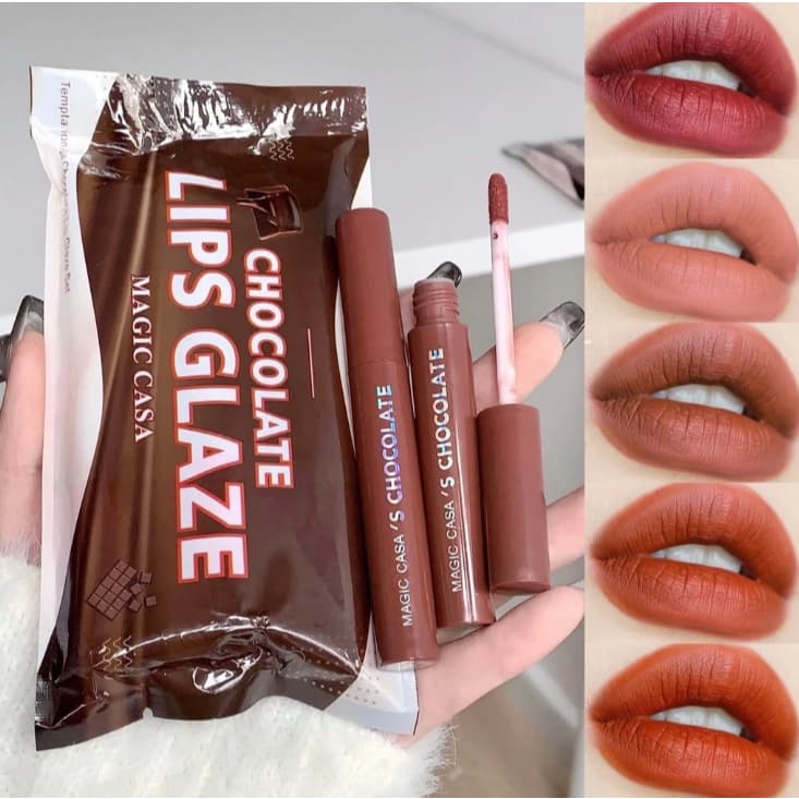 kit 5 Peças/Conjunto De Batom Glaze Líquido Matte Marrom Café, Bálsamo Labial, Gloss Labial Chocolate, Maquiagem Labial