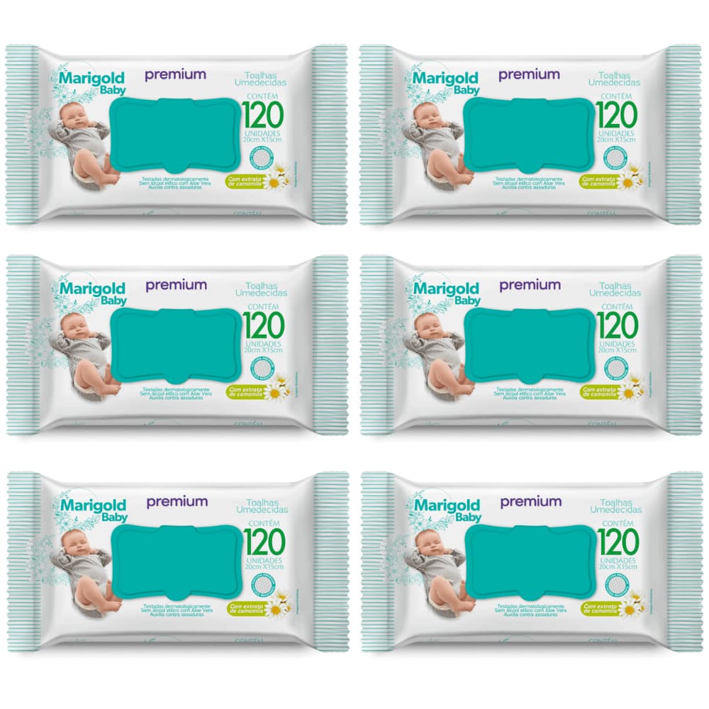 KIT 6 Toalha Umedecida Marigold Baby Camomila 120 Folhas Lenço Umedecido Lencinho