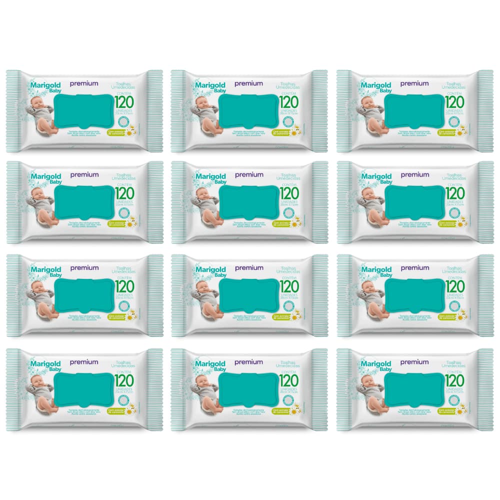 KIT 12 Toalha Umedecida Marigold Baby Camomila 120 Folhas Lenço Umedecido Lencinho