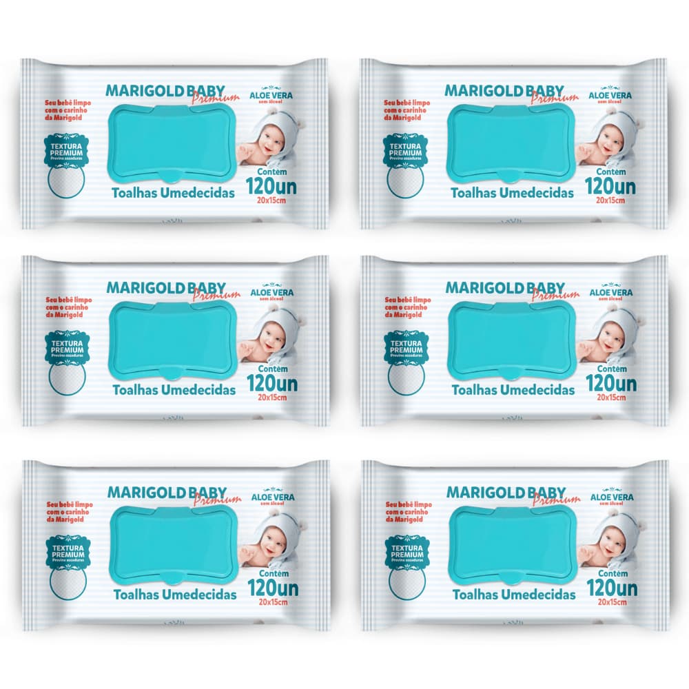 KIT 6 Toalha Umedecida Marigold Baby Premium 120 Folhas Lenço Umedecido Lencinho