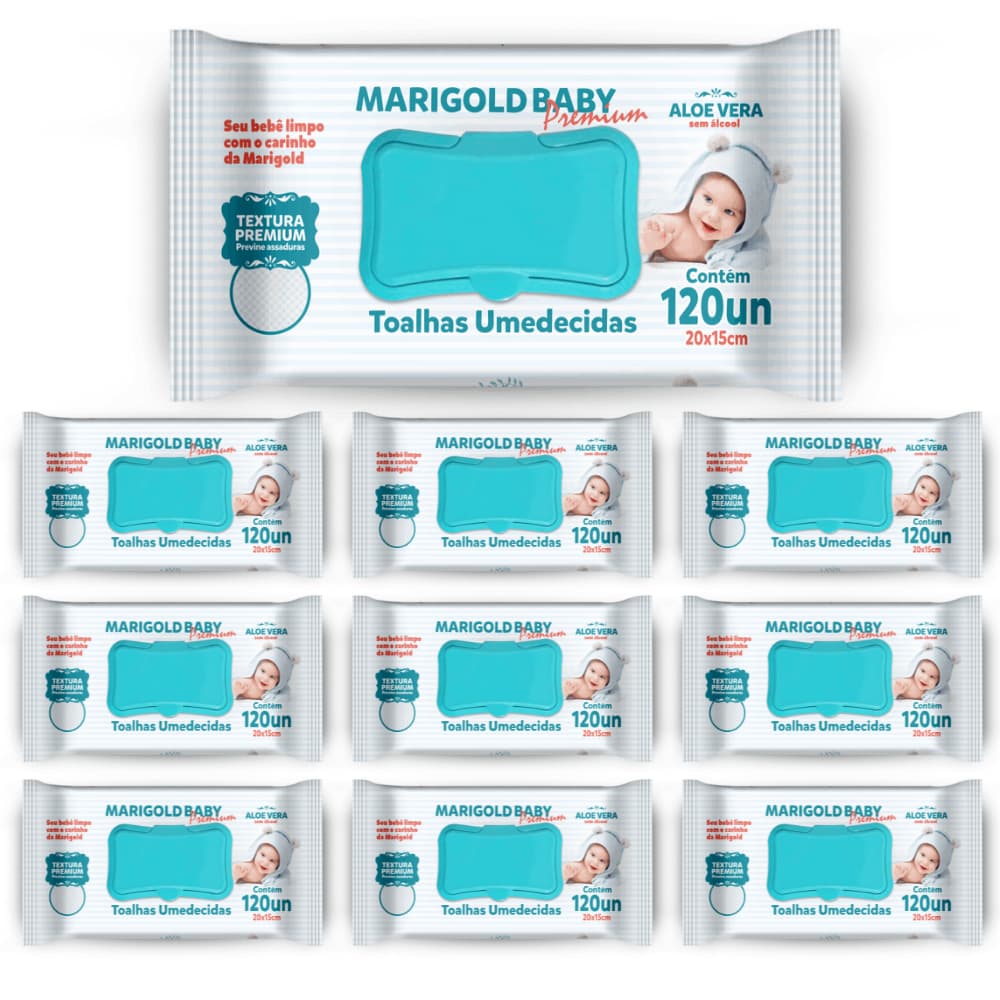 KIT 10 Toalha Umedecida Marigold Baby Premium 120 Folhas Lenço Umedecido Lencinho