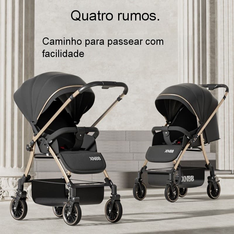 Carrinho de bebê com quatro rodas giratórias, assento reclinável, mecanismo de dobragem com um toque e manuseio em duas