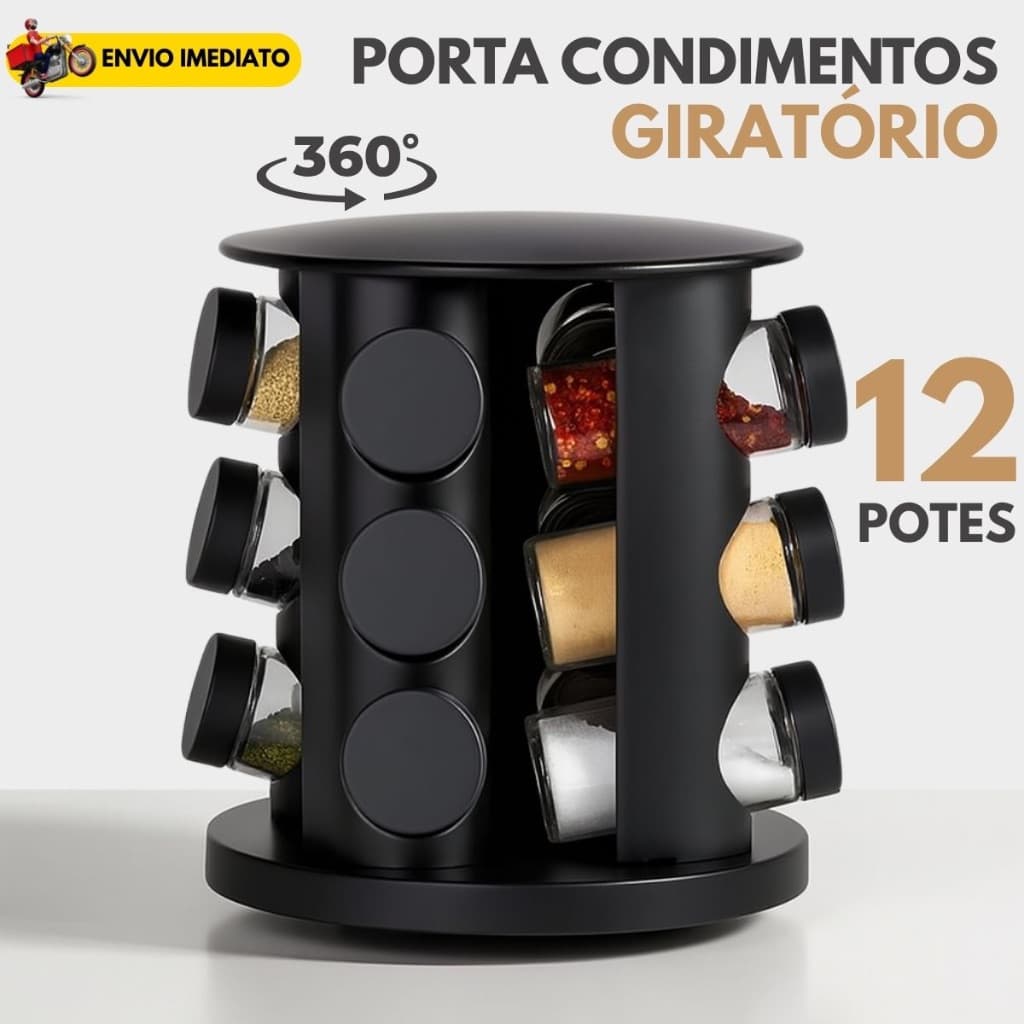 Porta Tempero Giratório 12 Potes de Vidro Preto 360 Graus com Tampa Dosadora Organização Cozinha Condimentos