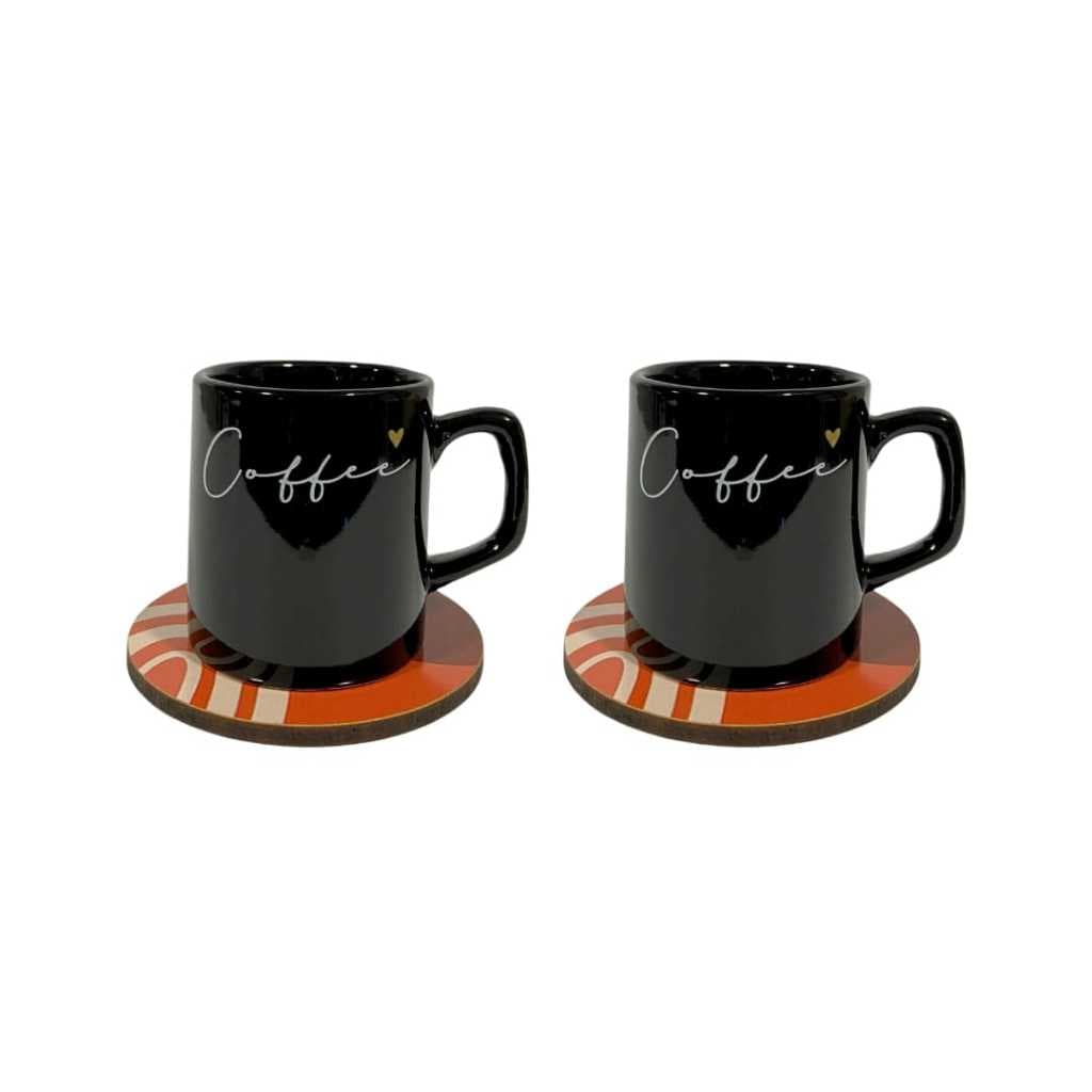 Jogo 2 Xícaras Indian Preta Porcelana 90ml Coffee C/ Porta Copo Orgânicos