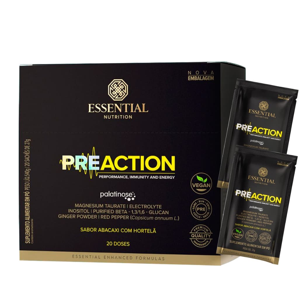 Pre-Action Energy Drink Abacaxi com Hortelã Essential Nutrition 20 Sachês Ganhe Brinde
