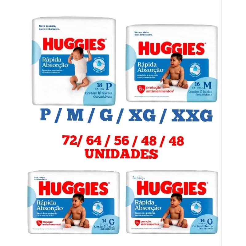 Fralda Huggies P / M / G / XG / XXG Tripla Proteção 4 Pacotes