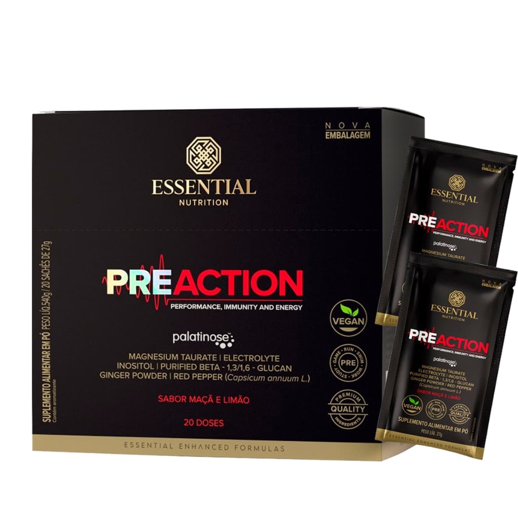 Pre-Action Energy Drink Maçã e Limão Essential Nutrition 20 Sachês Ganhe Brinde