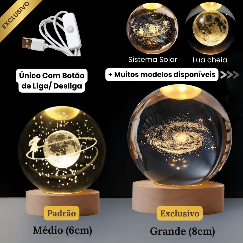 Luminária Led de Mesa Bola de Cristal Vidro 3d Base Madeira Decoração Enfeite Leitura Presente