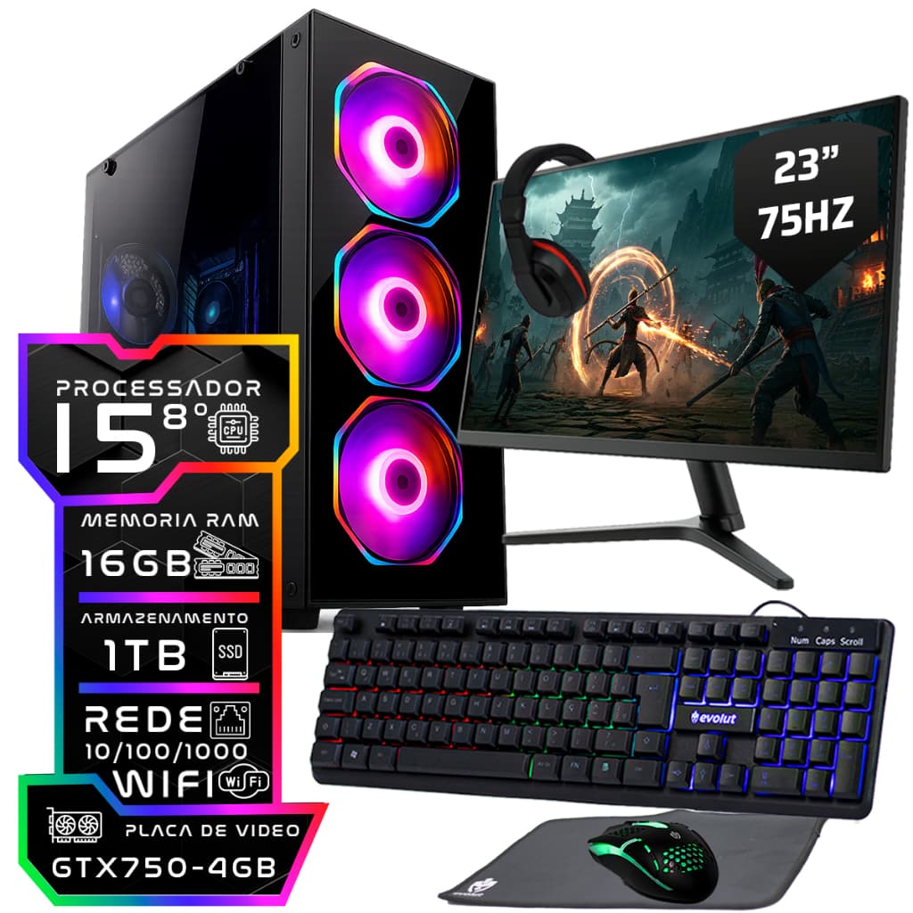 Computador Gamer Intel I5 8°ger 16gb Ssd 1tb Monitor 23 500w Placa 4gb