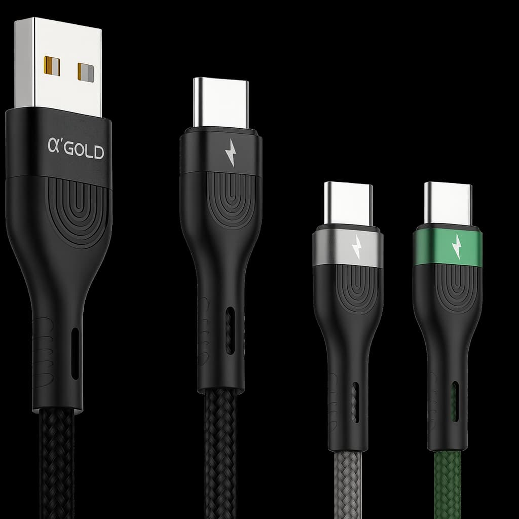 Cabo USB Tipo-C α'GOLD PRO 5A Turbo 1m Trançado em Tecido Reforçado Carga Rápida Premium