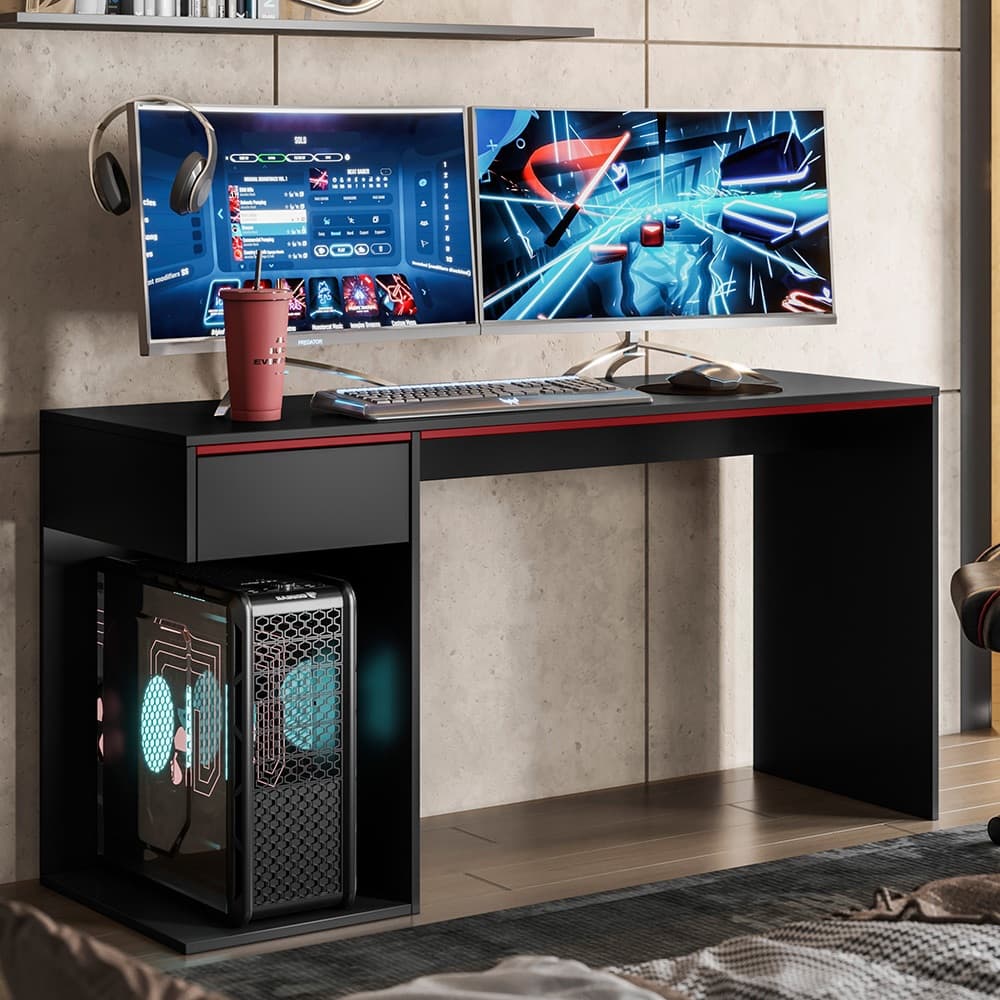 Mesa Gamer 136cm com Gaveta Suporte para CPU Suporta 2 Monitores