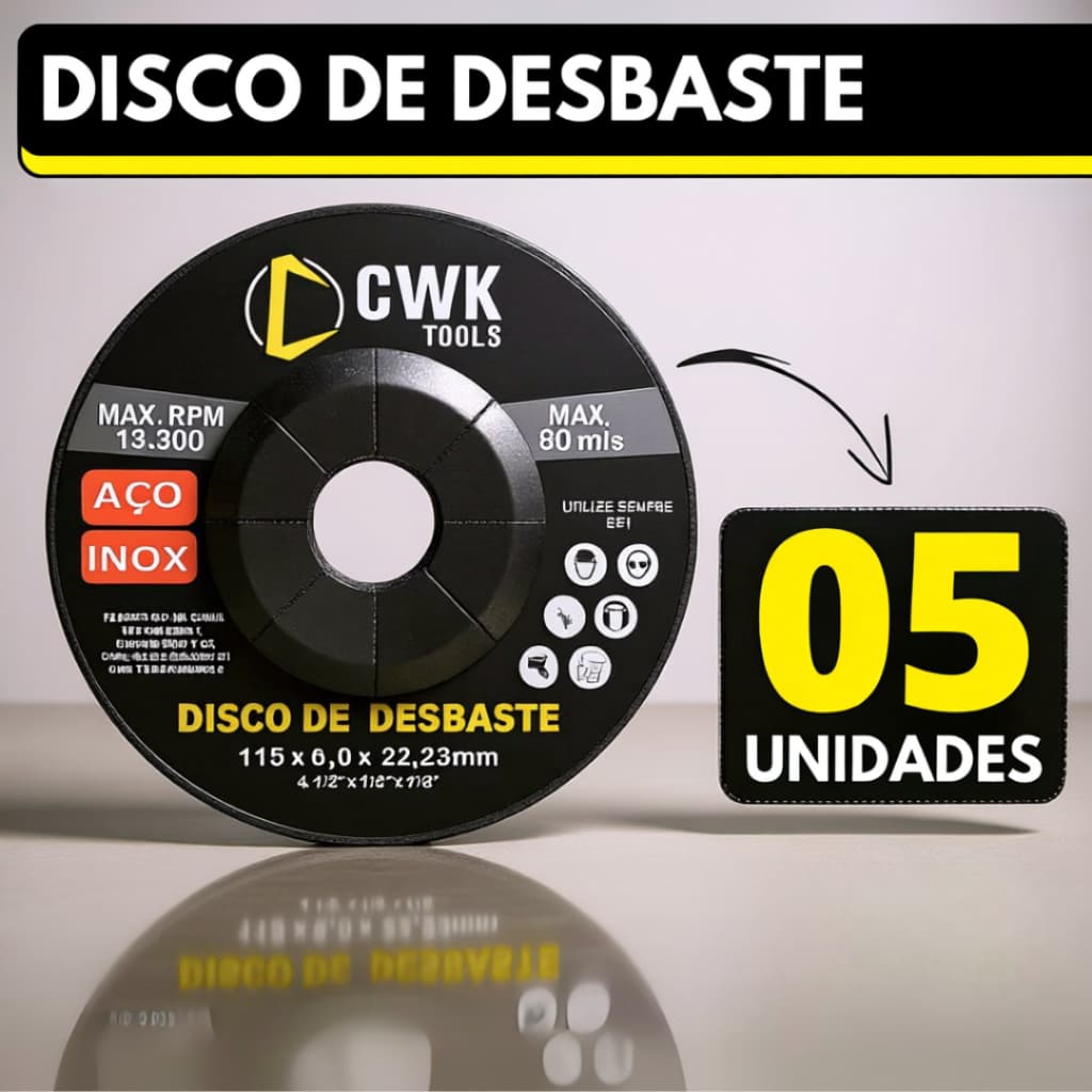 Kit 05 Disco de Desbaste Esmerilhadeira Lixadeira Aço Inox Metal Ferro 4" Polegadas 115x22mm