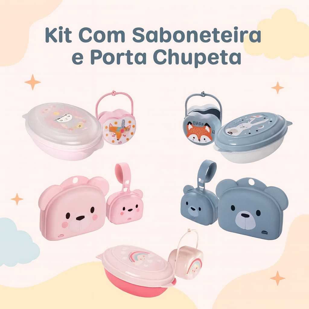 kit 2 Peças Protetor De Chupeta + Saboneteira Infantil Bebê Plasutil Higiene Do Bebê