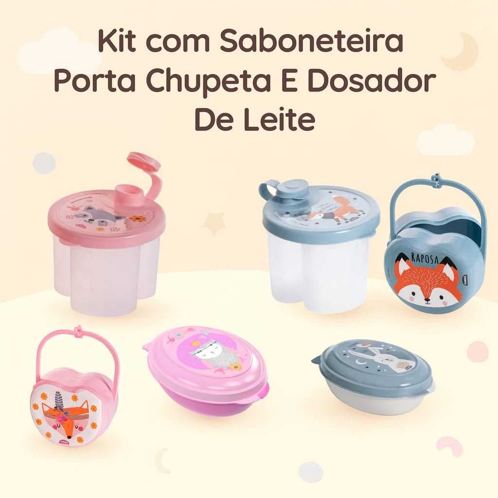 Kit 3 em 1 Protetor De Chupeta + Saboneteira Infantil Bebê + Dosador De Leite Em Pó Ou fórmula Plasutil