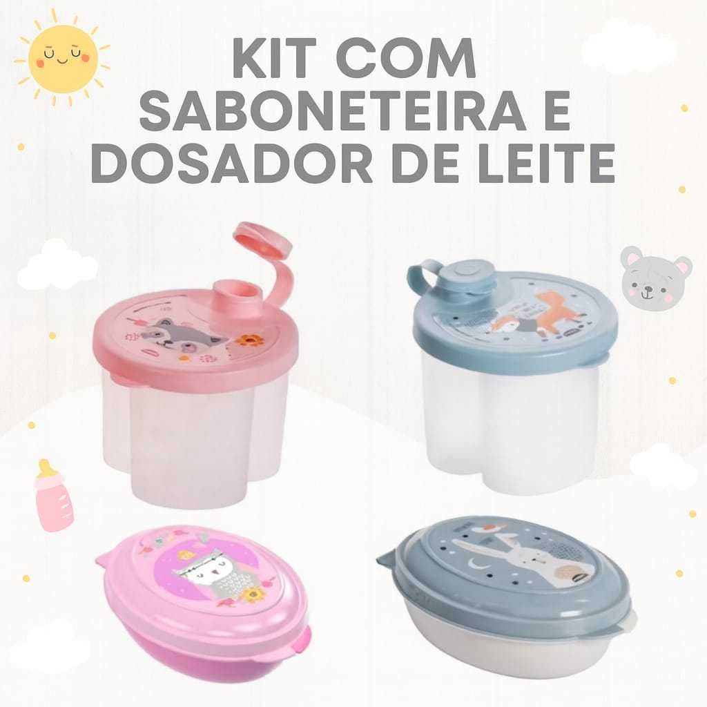 kit 2 Peças Saboneteira Infantil Bebê + Porta Leite Em Pó Ou Formula Com 3 Medidas
