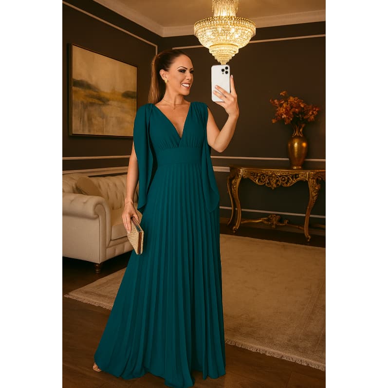 Vestido Longo Plisado Decote V Vestido Pra Madrina de Casamento e Festas Social sem Manga Con Bojo