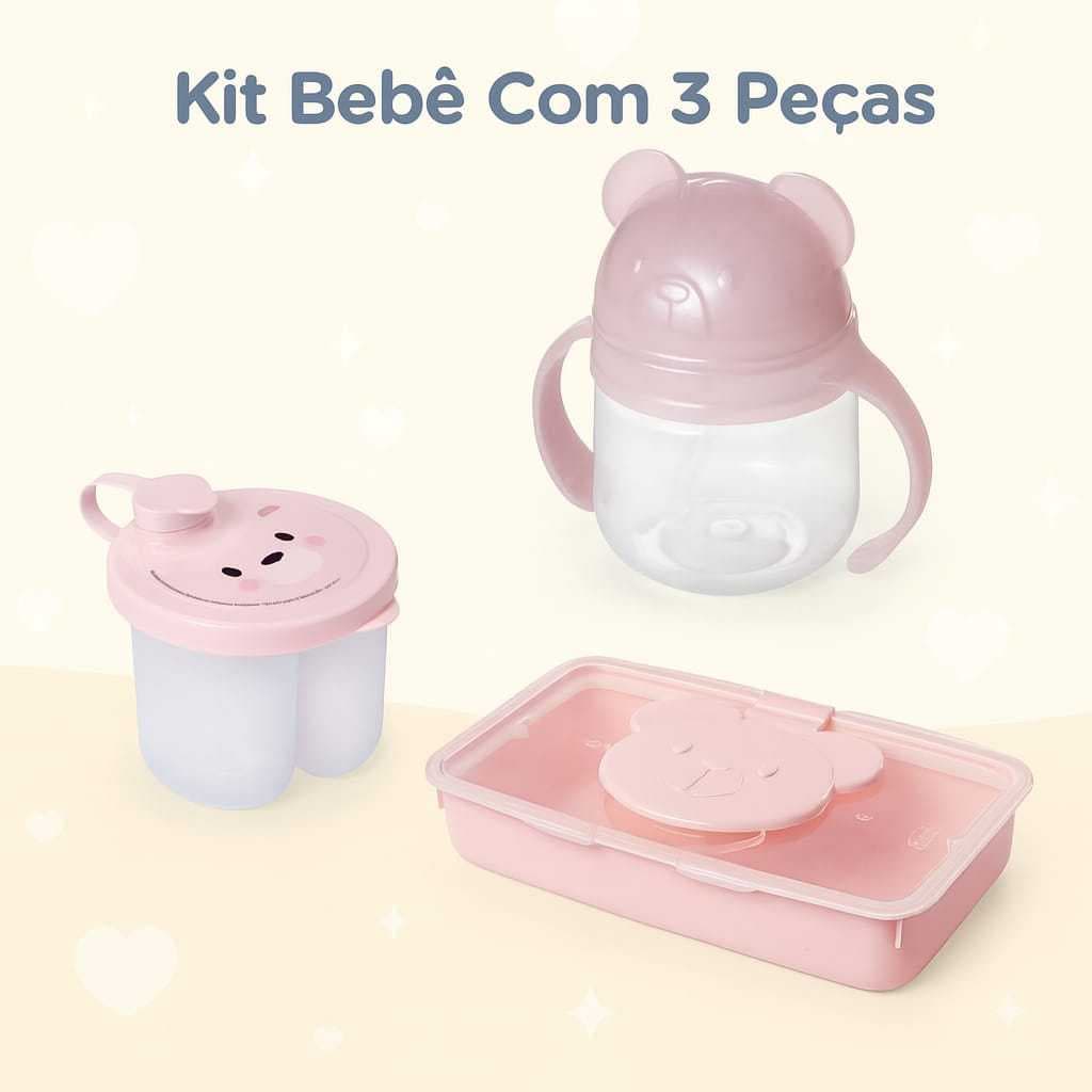 kit 3 Em 1 Porta Lenço Umedecido + Copo De treinamento + Dosador De Leite Em Pó Infantil Bebê Plasutil