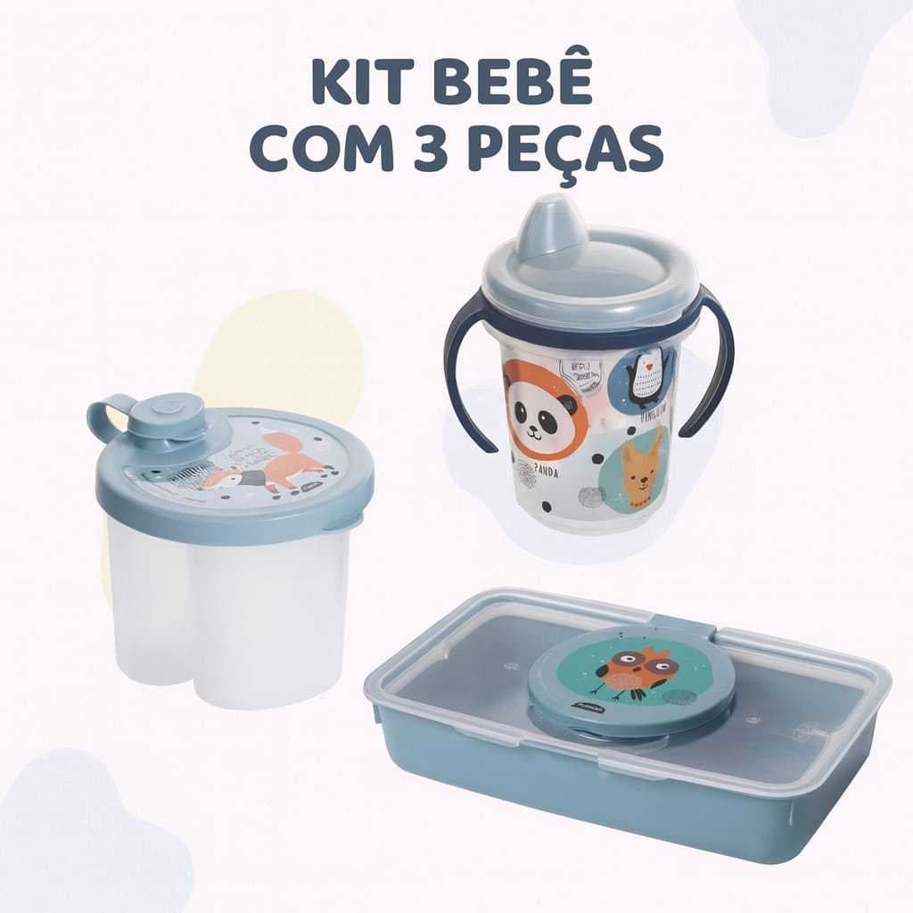 kit 3 Peças Porta Toalhas Umedecidas + Copo De Transição + Porta Leite Em Pó Com 3 Divisórias Infantil Bebê