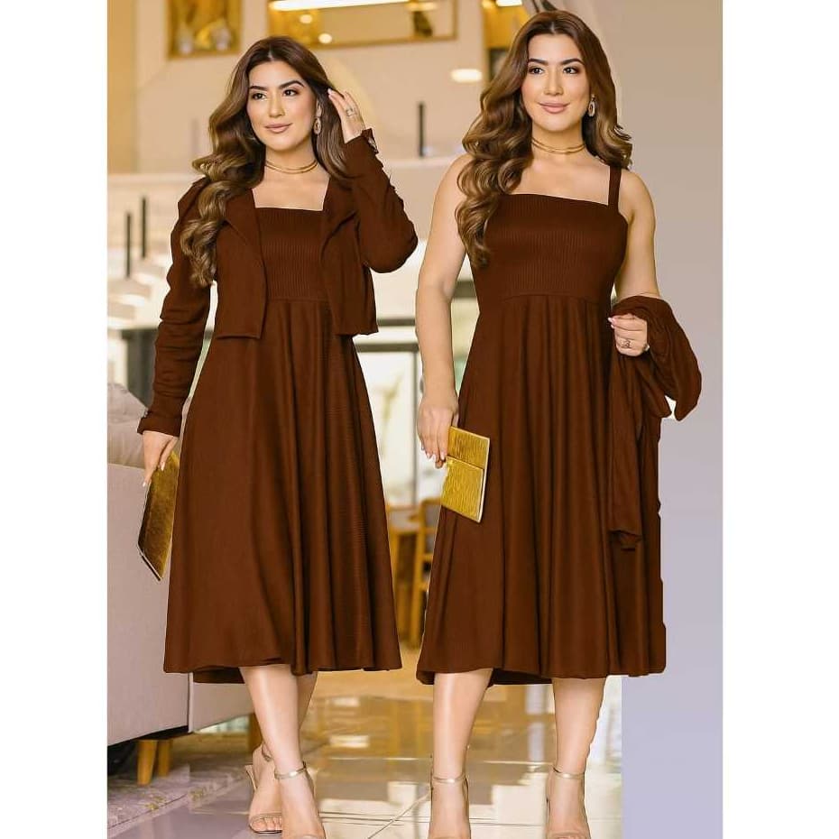 Conjunto Vestido Rodado Midi + Casaco Blazer Moda Evangélica executiva Elegante