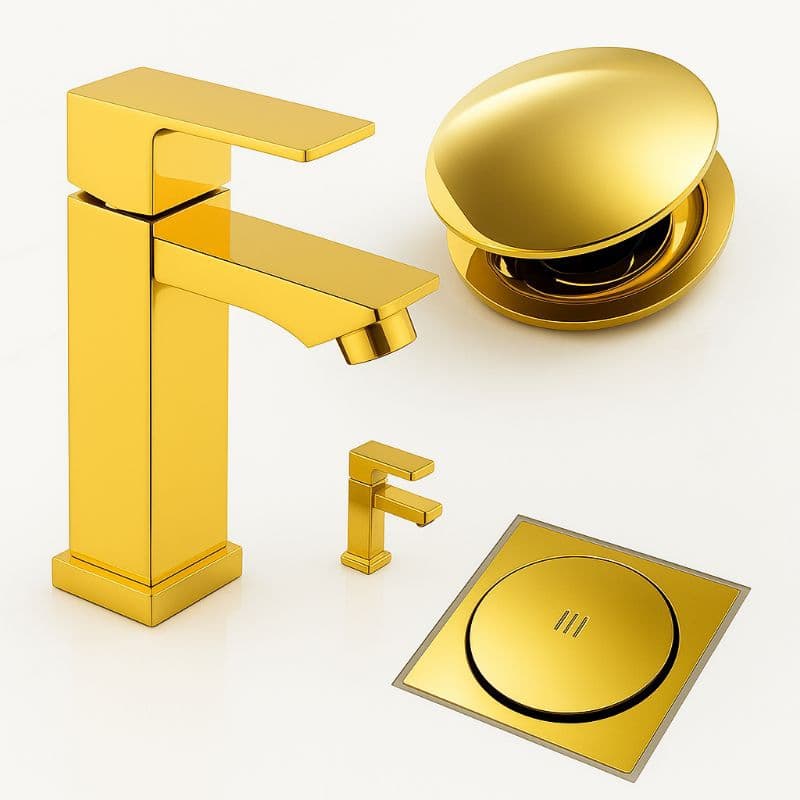 Kit Banheiro Dourado Acessórios Completo Torneira + Ralo Click + Válvula Click Moderno Luxo
