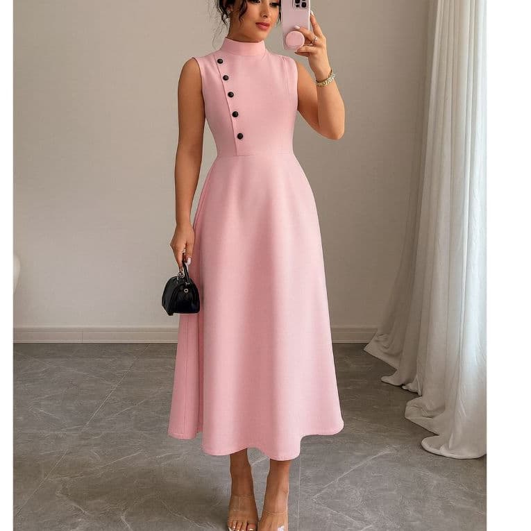 Vestido Midi Feminino Elegante Alfaiataria Sem Manga com Botões Laterais* Evangélica , Apresentações