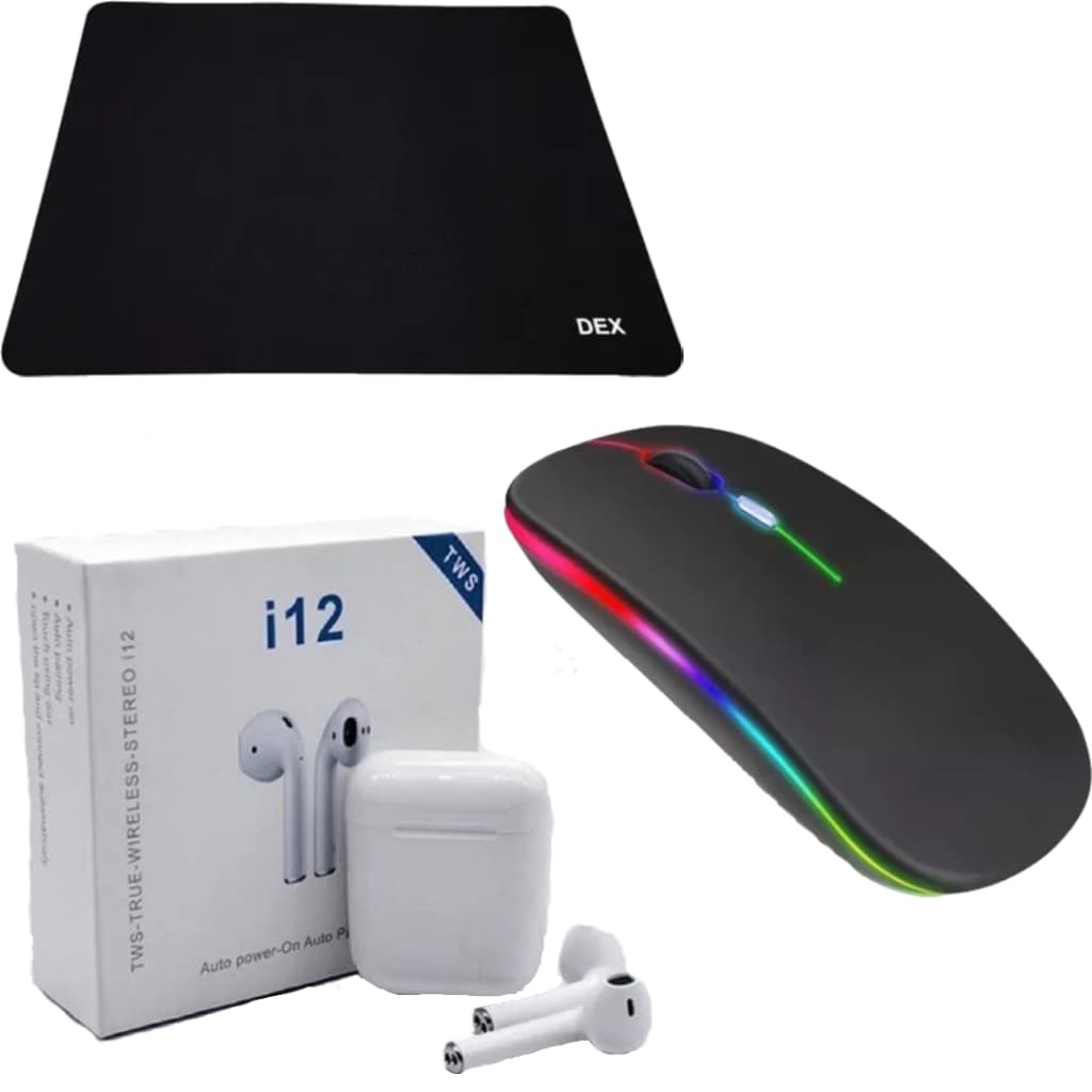 Kit Mouse Sem Fio Recarregável Rgb Mouse Pad DEX Fone De Ouvido Bluetooth I12 Tws Recarregável