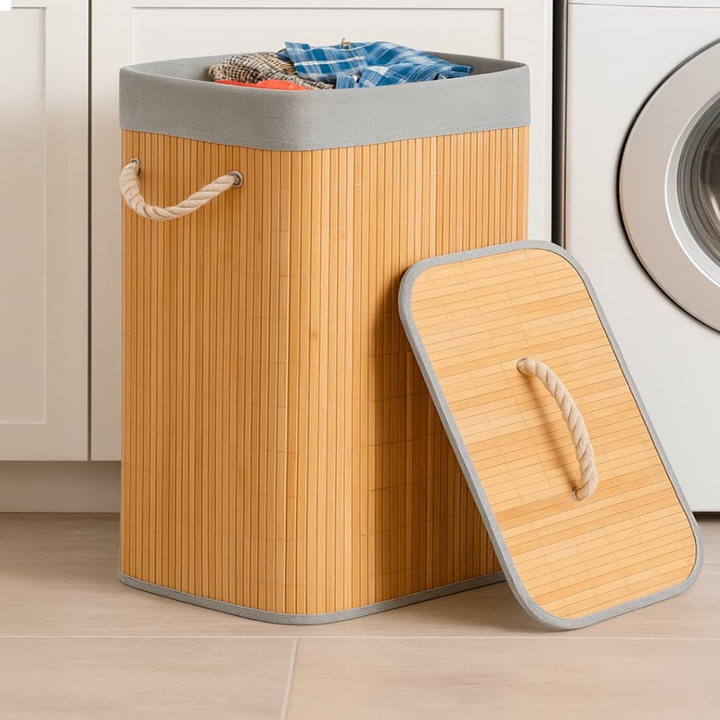 Cesto De Roupa Suja Dobravel Bambu Retangular Organizador Forrado Lavanderia e Banheiro 60 Litros