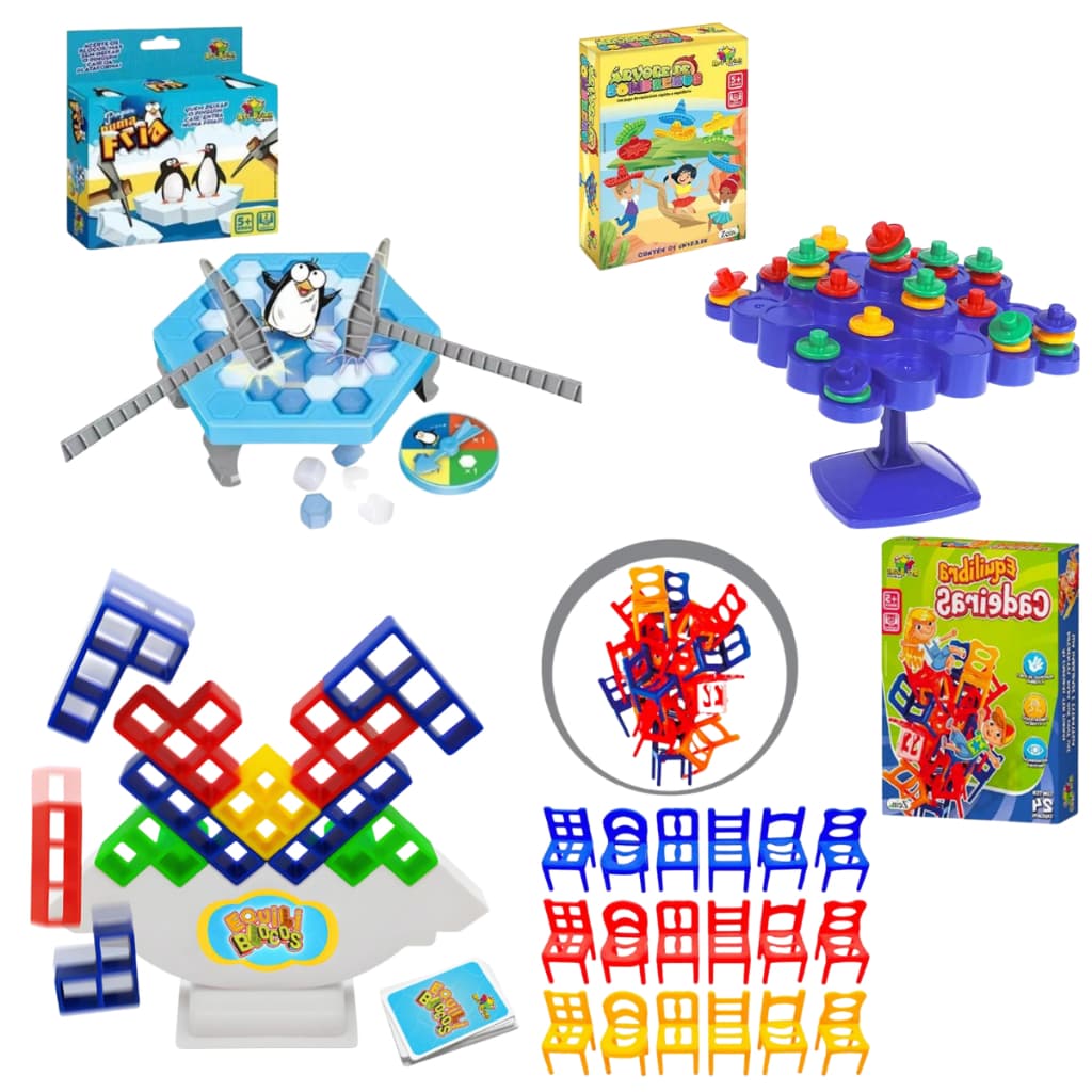 kit com 4 jogos em família Jogo interativo infantis equilibrio cartas brinquedo brincando em família