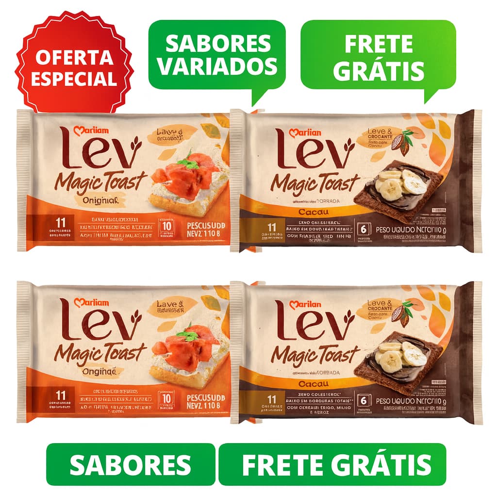 Kit C/4 Torradas Lev Magic Toast 110g – Sabores Original e Cacau | Lanche Saudável, Leve e Crocante