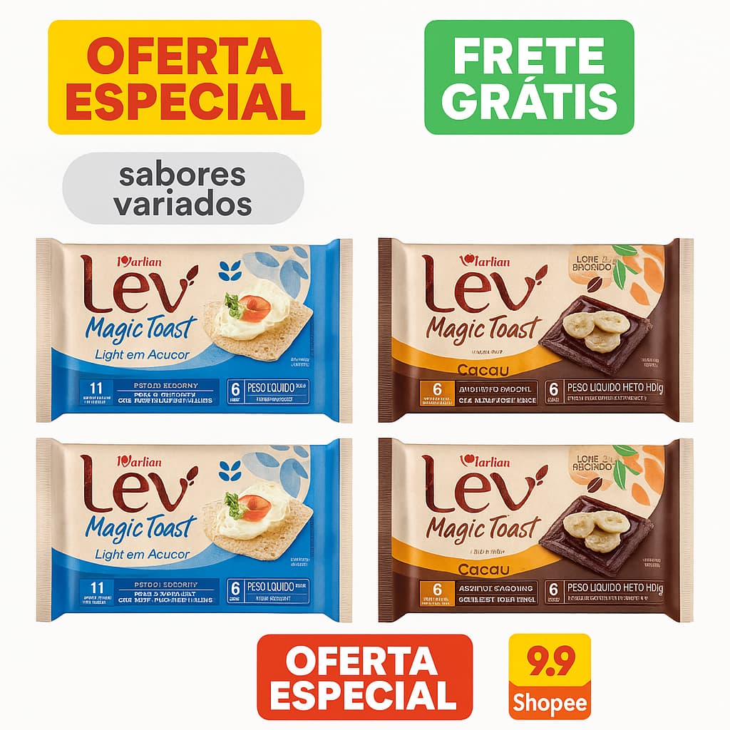 Kit C/4 Torradas Lev Magic Toast 110g – Sabores Light e Cacau | Lanche Saudável, Leve e Crocante