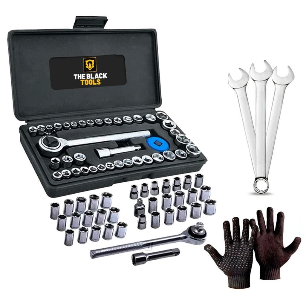 Kit Jogo Soquetes Sextavado Com Catraca 40 Pcs Reversível Com Jogo DE Chaves E Luva De Pedreiro