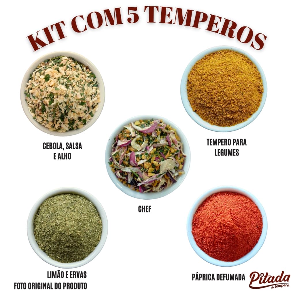 Kit 5 Temperos - Páprica Defumada, Cebola Salsa e Alho, Tempero do Chef, Limão e Ervas, Natural para Legumes