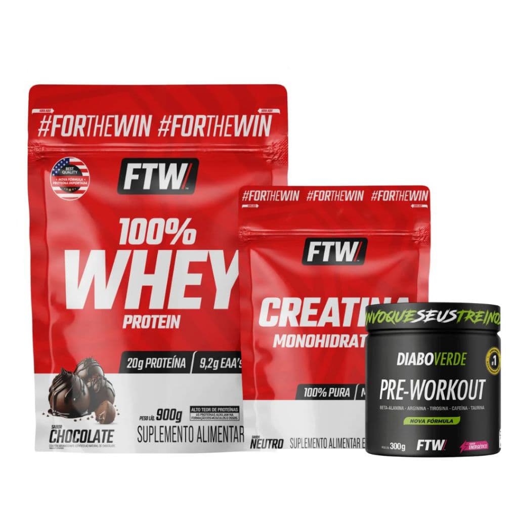 Kit Whey Protein Chocolate Refil 900g + Creatina Monohidratada Refil 500g + Pré Treino Diabo Verde 300g