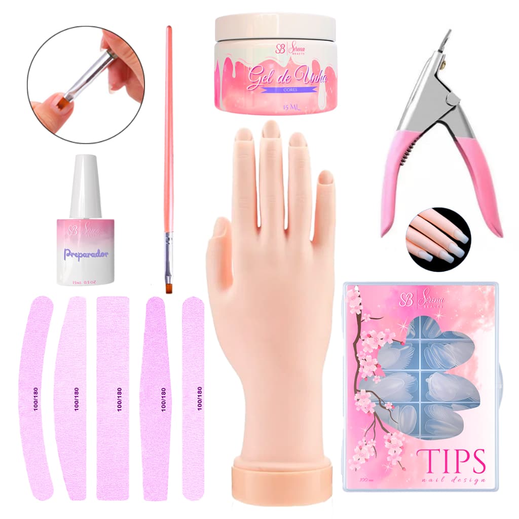Kit Mão de Treino Completo Gel Tips Pincel Primer Cortador Lixa Manicure Unhas Gel Porcelana Fibra