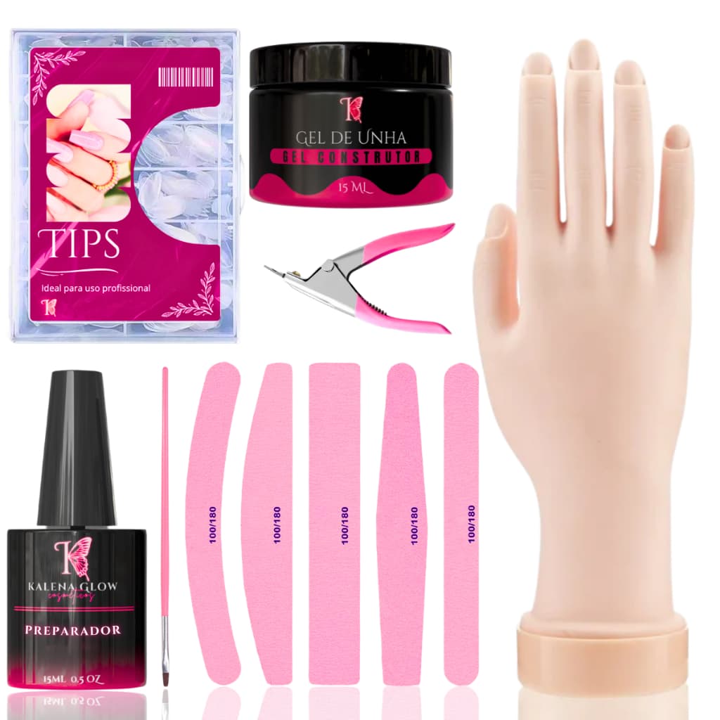 Kit Completo com Mão de Treino para Unhas Gel Porcelana Fibra Alongamento Profissional