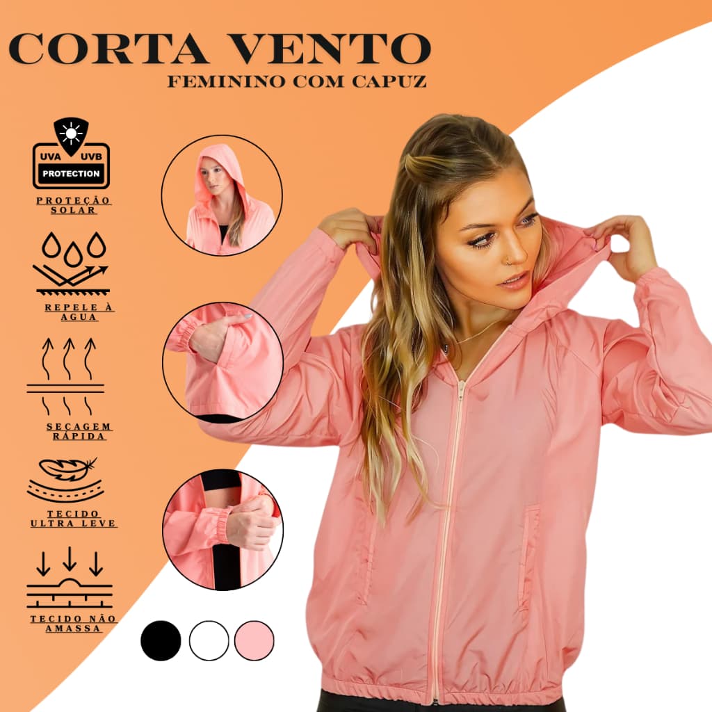 Jaqueta Corta Vento Feminina capuz forrado resistente a água esportiva casual caminhada fitness lisa