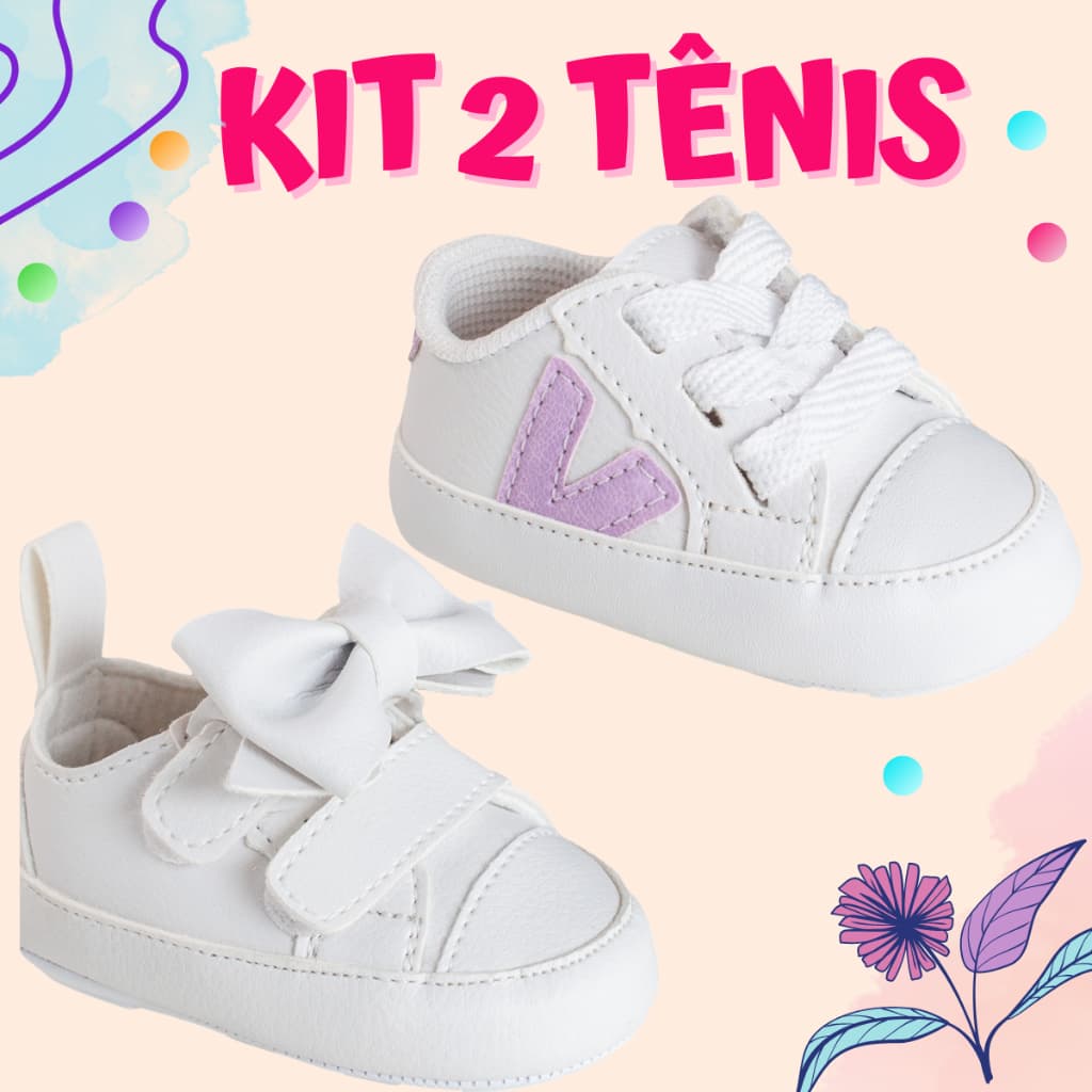 Kit 2 Tênis Infantil Bebê Menina Primeiros Passos Antiderrapante Confortável Leve 