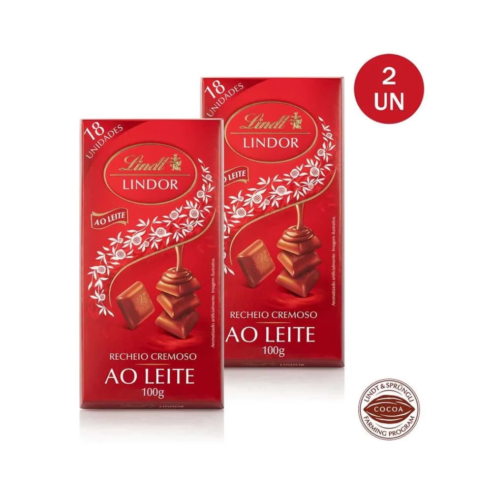 Kit 2 Barras Lindt Lindor Ao Leite 100g Cada – Pack Chocolate Suíço Importado Premium