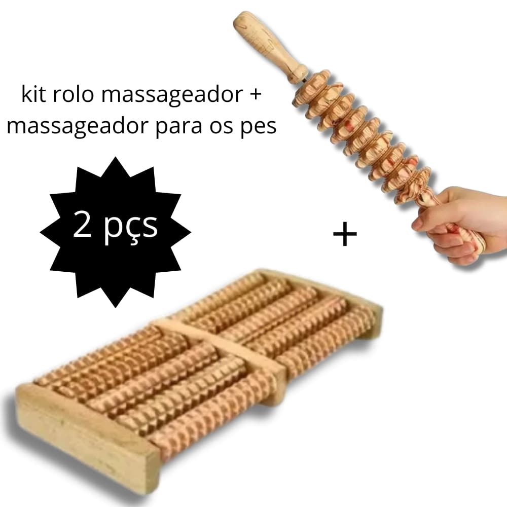kit Rolo Bastao Massageador + Massageador Manual para Pes Modelador Relaxante Muscular Maderoterapia Corporal Liberacao
