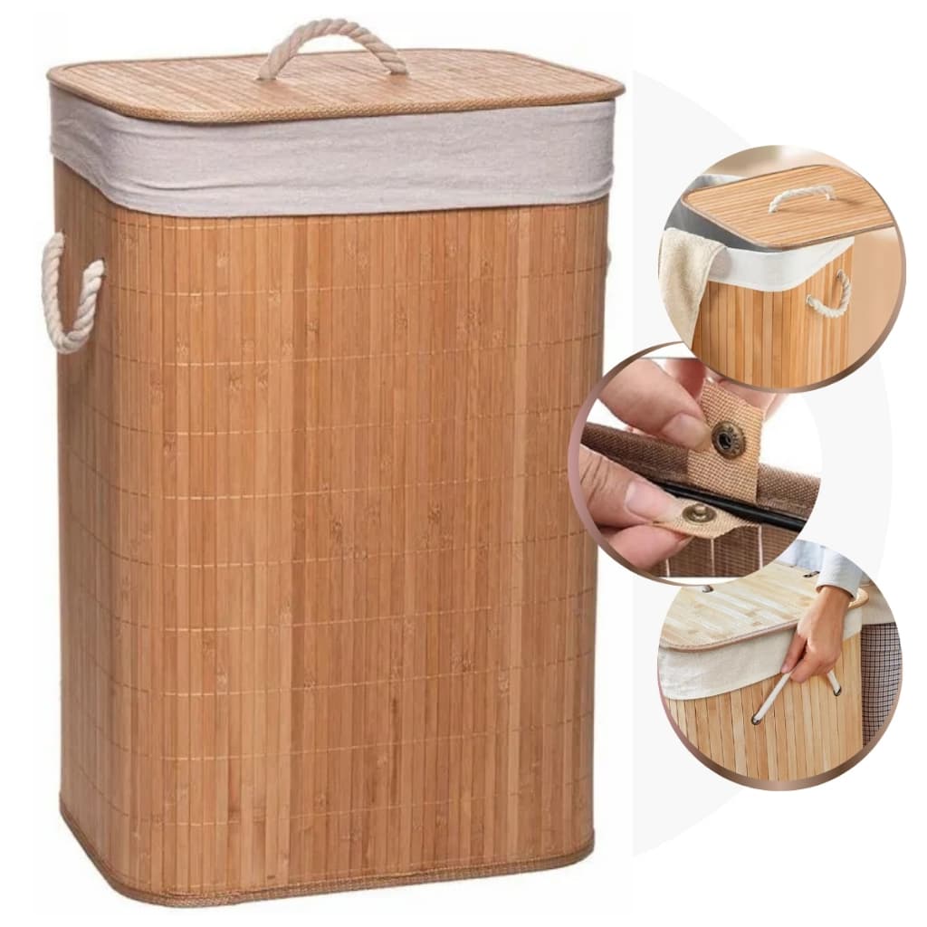 Cesto De Roupa Suja Bambu Dobravel Organizador com Forro para Lavanderia Banheiro 60 a 70 litros