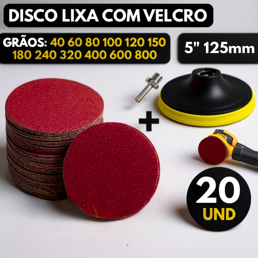 Kit Base Suporte Disco 125mm + 20 Lixas Sem Furos Com Velcro 5" Furadeira Esmerilhadeira