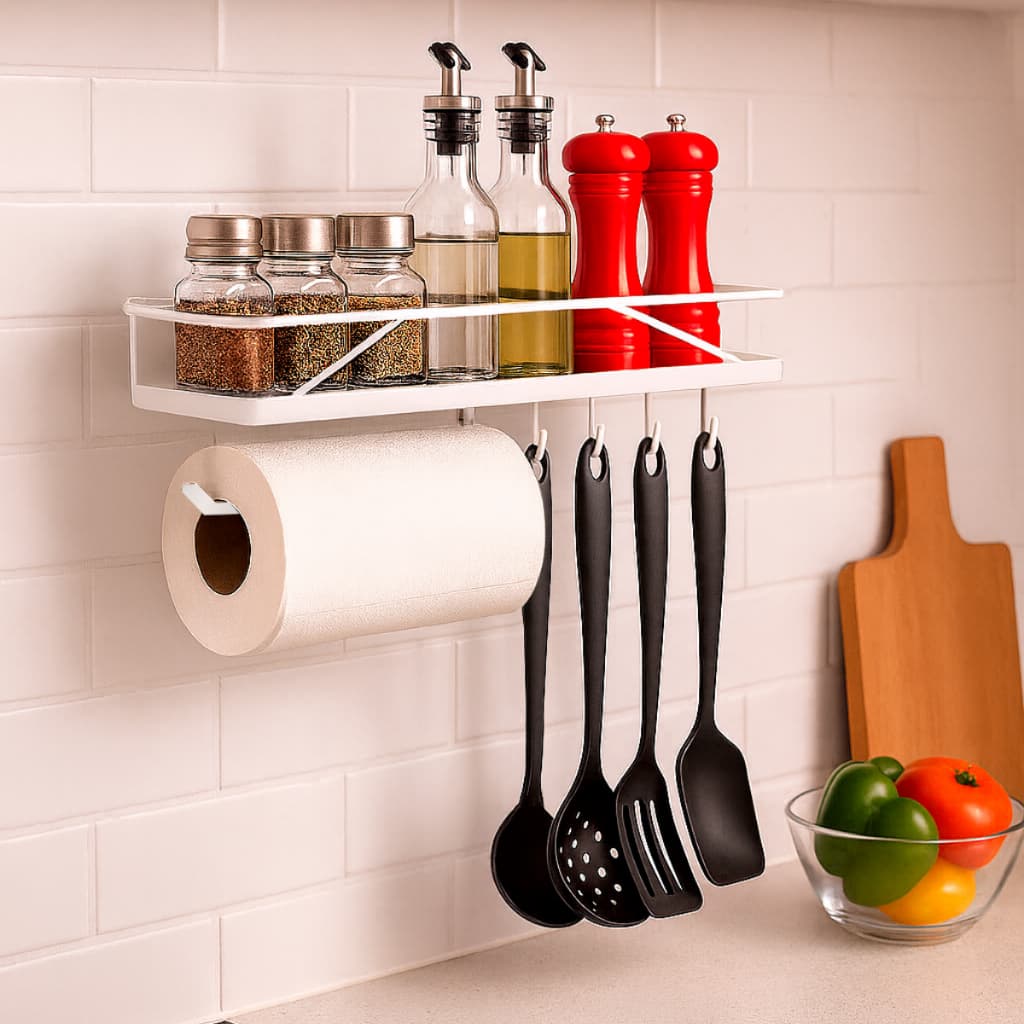 Porta Tempero Multiuso Para Cozinha Organizador com Gancho de Parede Preto/Branco Reforçado Prateleira Reforçado