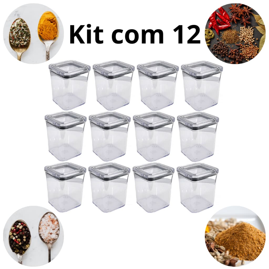 kit com 12 Pote p/ Temperos 200ml – Hermético, Acrílico Transparente + BRINDE