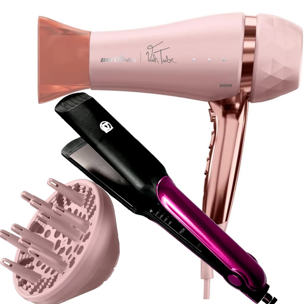 Secador De Cabelo Britania Profissional 2100w Ions Tourmaline Quente Frio Tubi Difusor Prancha Titanium 220ºc Larga