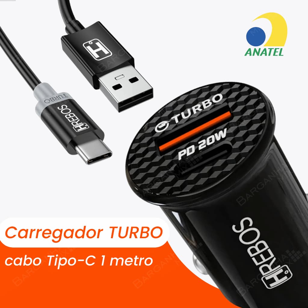 Carregador de Carro Turbo 20W com USB e Tipo-C Com Cabo Tipo-C Reforçado Carregador Veicular