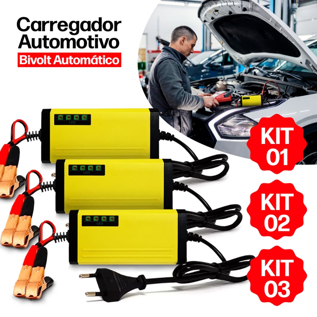 Carregador de Bateria Chupeta Automotivo Inteligente Carro Moto c/ Cabo Tomada Bivolt Veicular 12v