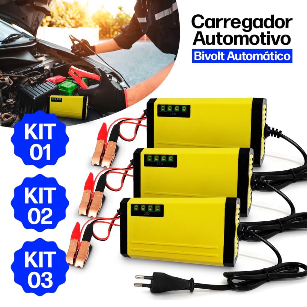 Carregador de Bateria Automotivo Inteligente Bivolt Carro Moto fonte 12v Cabo Chupeta