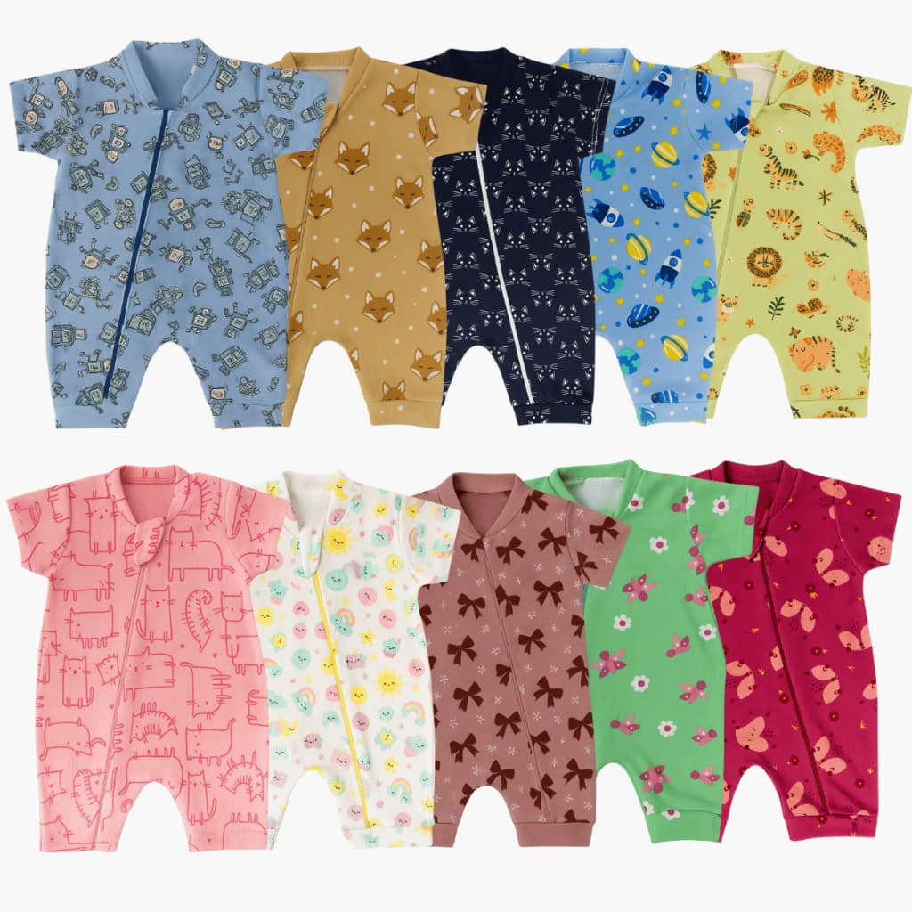 Kit 3 Macacão com Zíper Curto Bebê Estampado Canelado Menino e Menina Verão Calor Roupa Bebê (P/M/G)