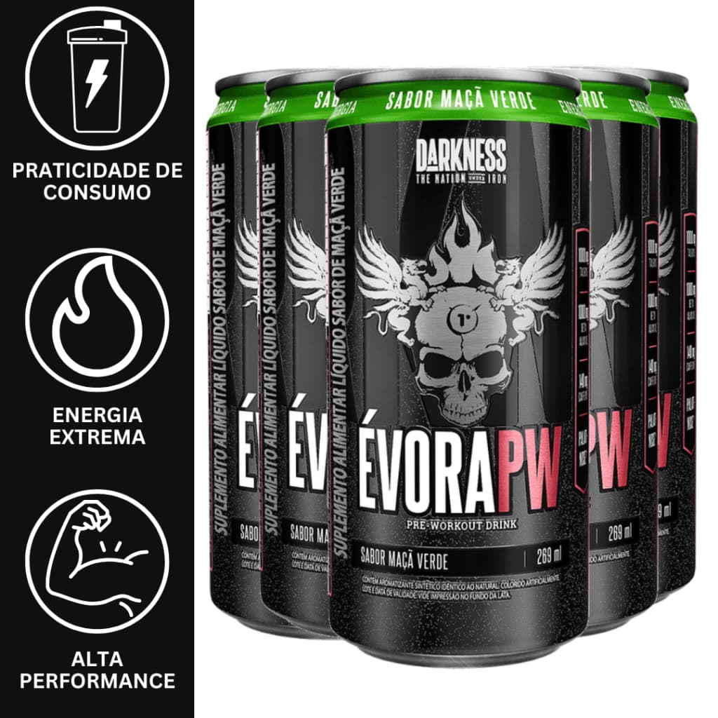 ÉVORA DRINK PW PRÉ TREINO LIQUIDO MAÇA VERDE PACK C/ 6 LATAS 269ml - DARKNESS